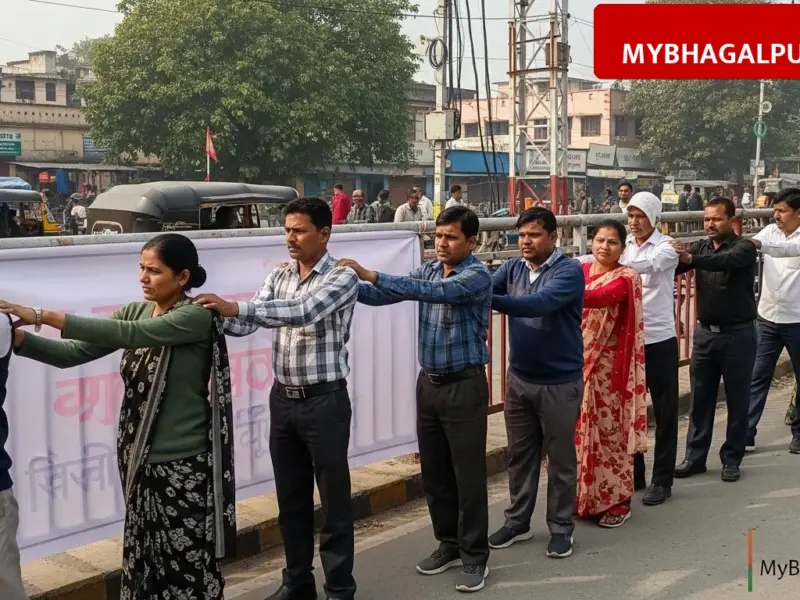 भागलपुर के रेल कर्मियों को गोड्डा भेजने पर हंगामा, यूनियन ने मानव श्रृंखला बनाकर किया विरोध